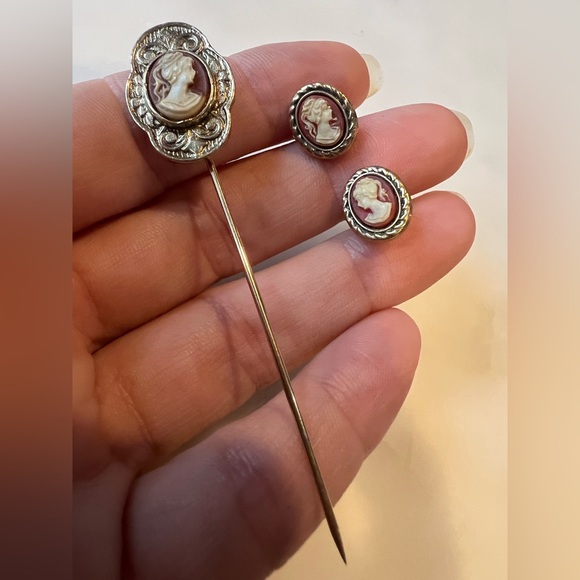 Vintage Cameo Lapel Pin & Stud Earring Set | Victorian Style - Picture 4 of 5